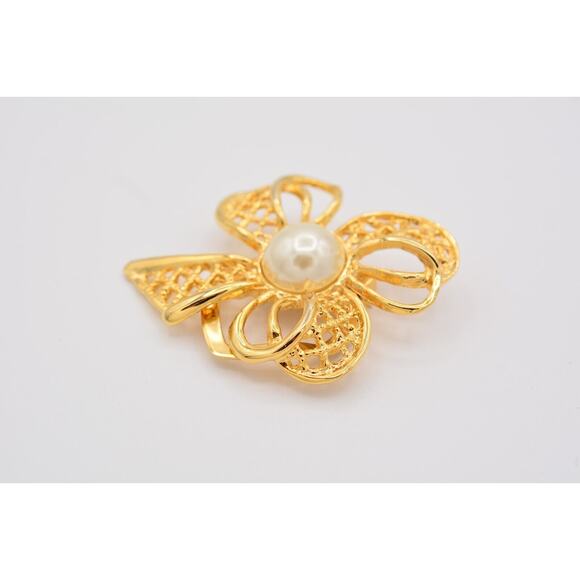 Vintage Bow Scarf Clip Faux Pearl Shiny Gold Tone Yellow Brushed 1980s 9B - Picture 2 of 12